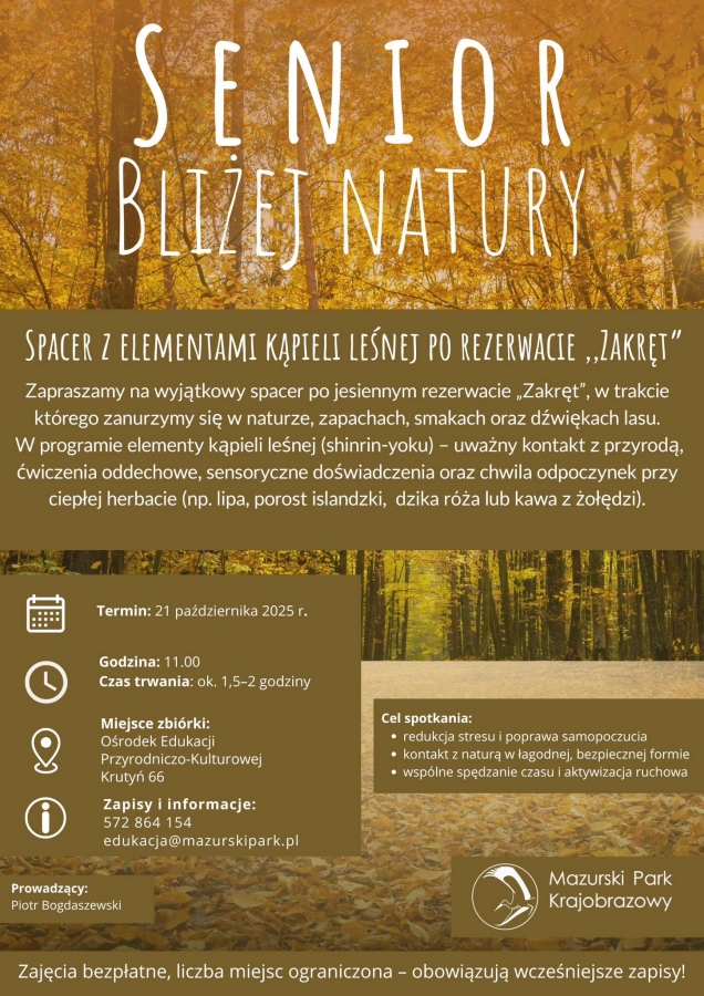 Seniorzy bliżej natury – jesienny spacer z kąpielą leśną w rezerwacie „Zakręt”
